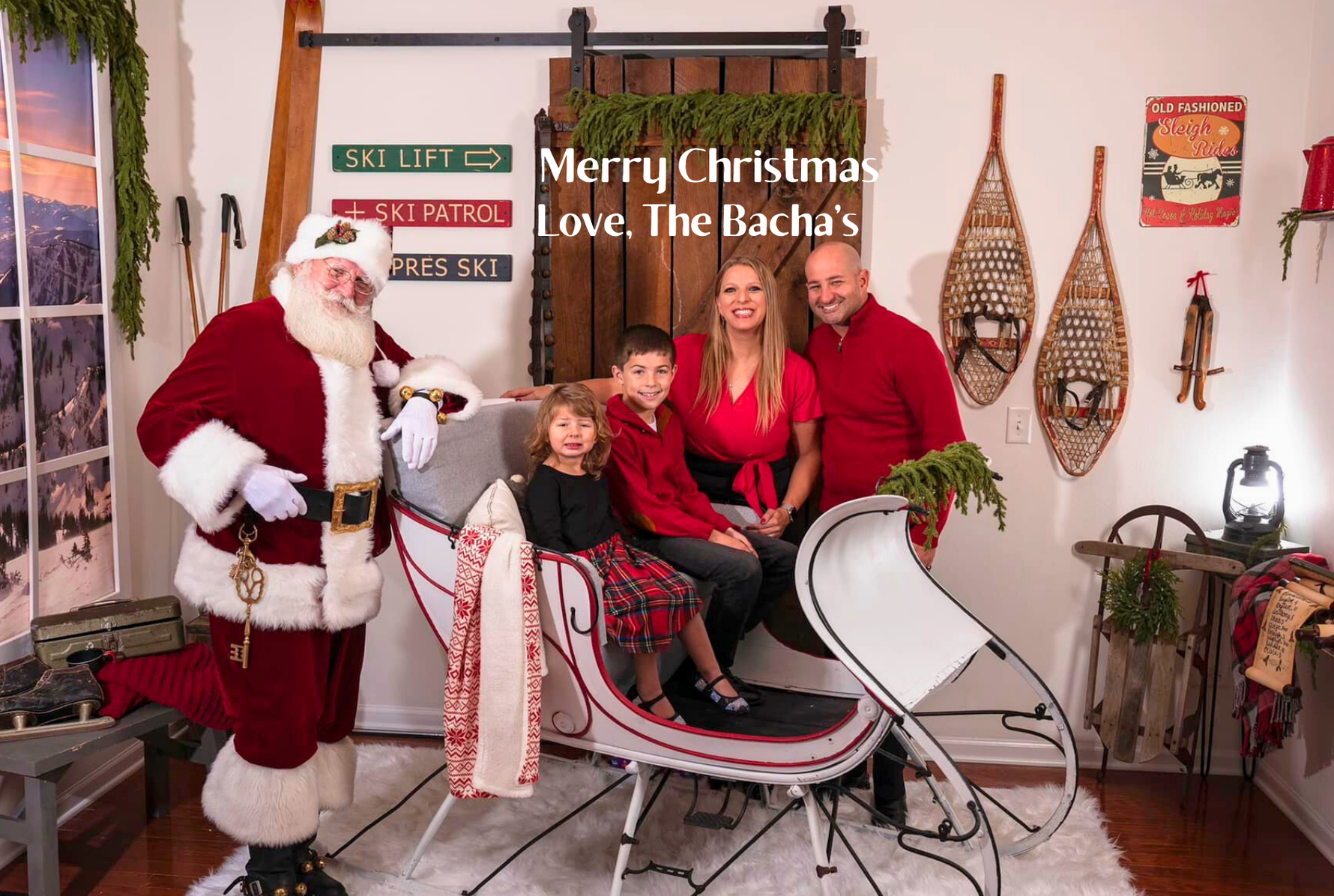 Custom printed 4x6 or 5x7 Family holiday card with Santa Claus in a decorated room with Christmas decorations.