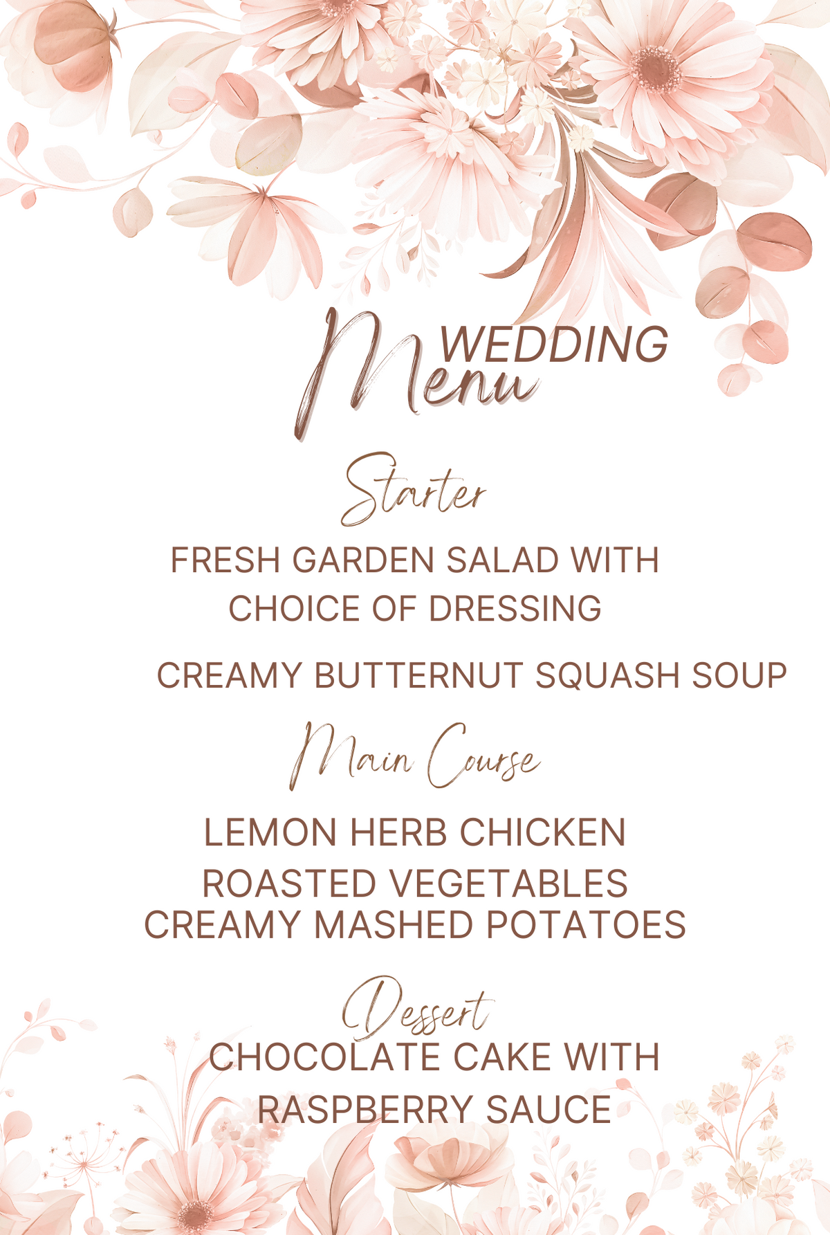 Custom printed wedding menu on 4x6 or 5x7 photo paper with blush floral design. Upload your own text or design for a personalized reception menu.