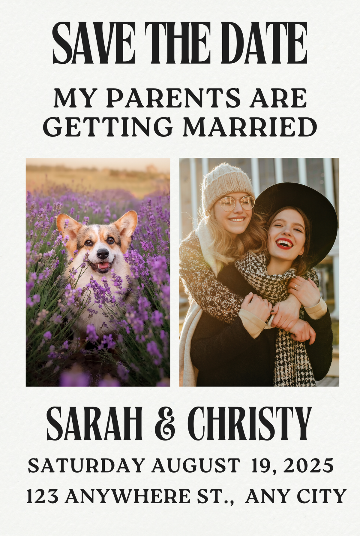 Custom printed 4x6 or 5x7 Wedding save the date card with a dog in lavender and two people hugging, featuring the text 'Save the Date My Parents are Getting Married'.