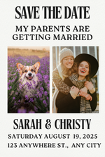 Custom printed 4x6 or 5x7 Wedding save the date card with a dog in lavender and two people hugging, featuring the text 'Save the Date My Parents are Getting Married'.