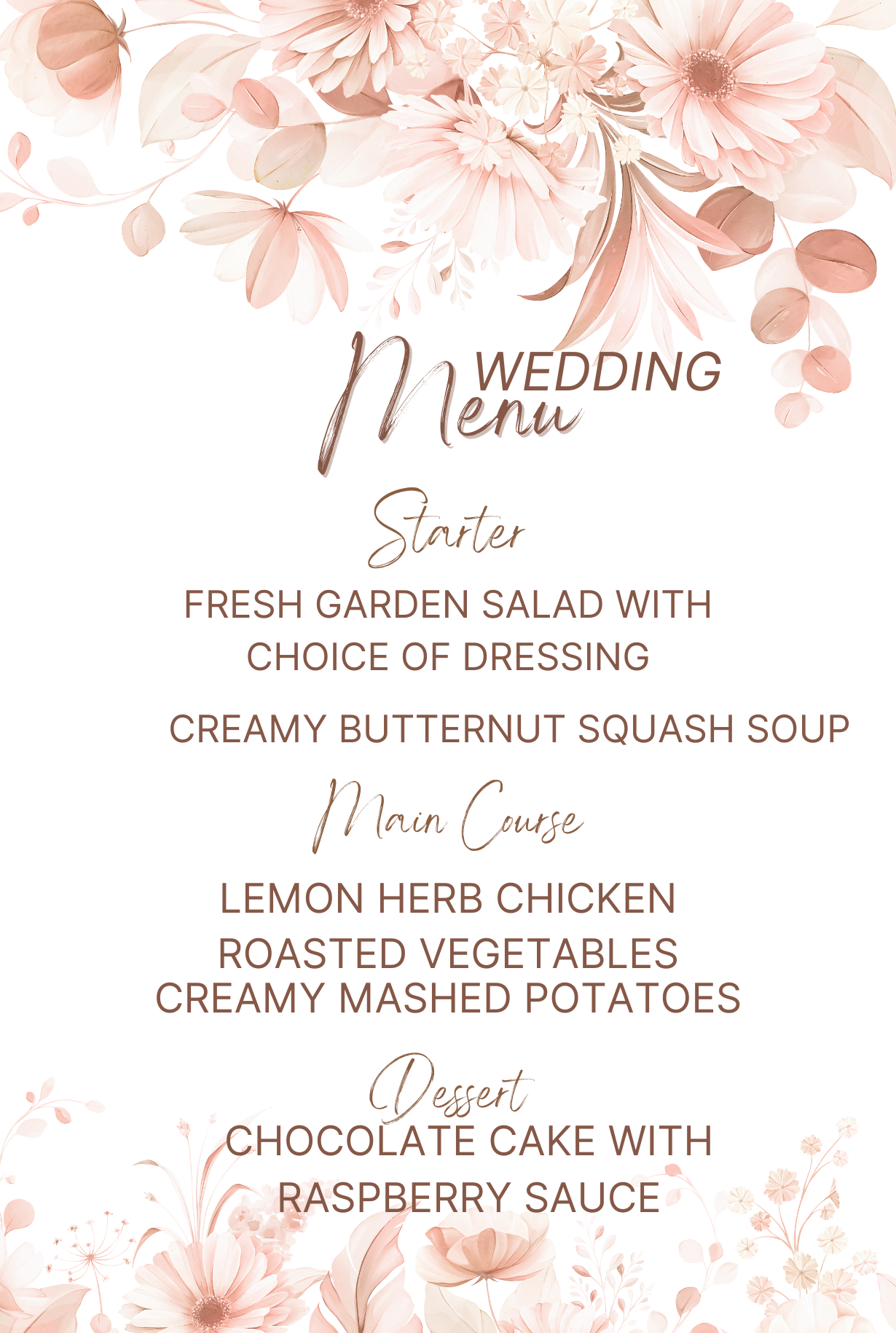 Custom printed wedding menu on 4x6 or 5x7 photo paper with blush floral design. Upload your own text or design for a personalized reception menu.