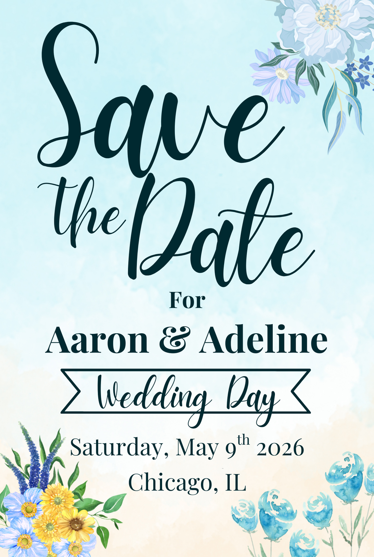 Custom printed 4x6 or 5x7 wedding save the date card with floral design. Upload your own photo or artwork to create a personalized wedding announcement.