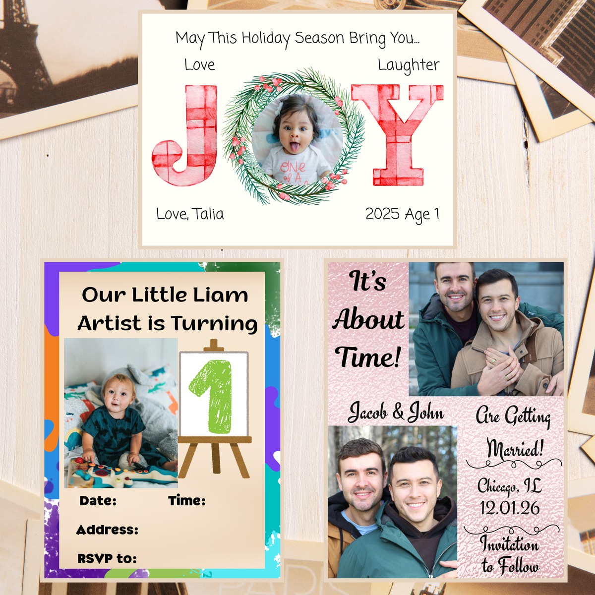 Collection of personalized cards with photos and text on a wooden surface.